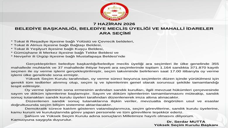 6 Belde ve 362 Mahallede Ara Seçim. YSK Başkanı Mutta: